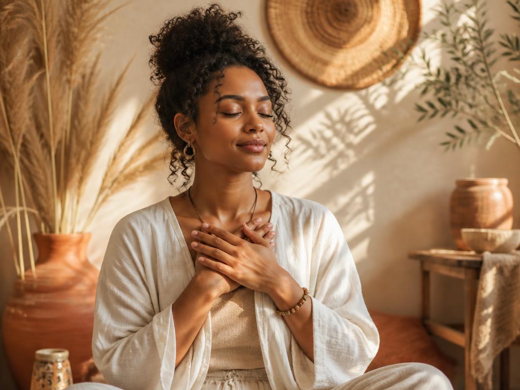 A person of color resting their hands over their heart in a warm, sunlit holistic wellness space with terracotta and sage accents